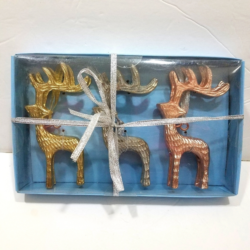 Reindeer Ornaments Set of 3 Silver Gold Copper New